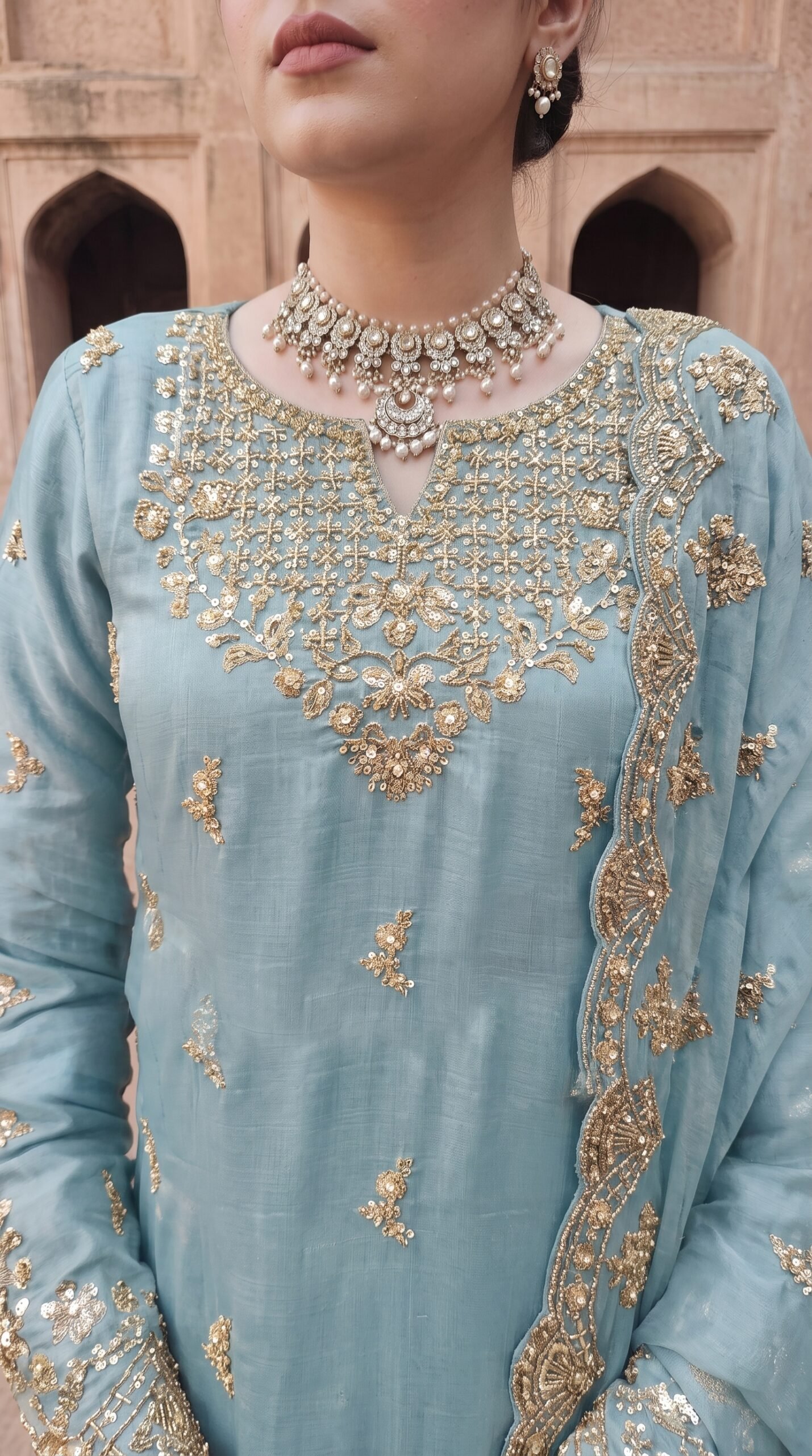 FB-314 | Powder Blue | 3 Pcs Luxury Shesha Silk Embroidered Suit - Image 4