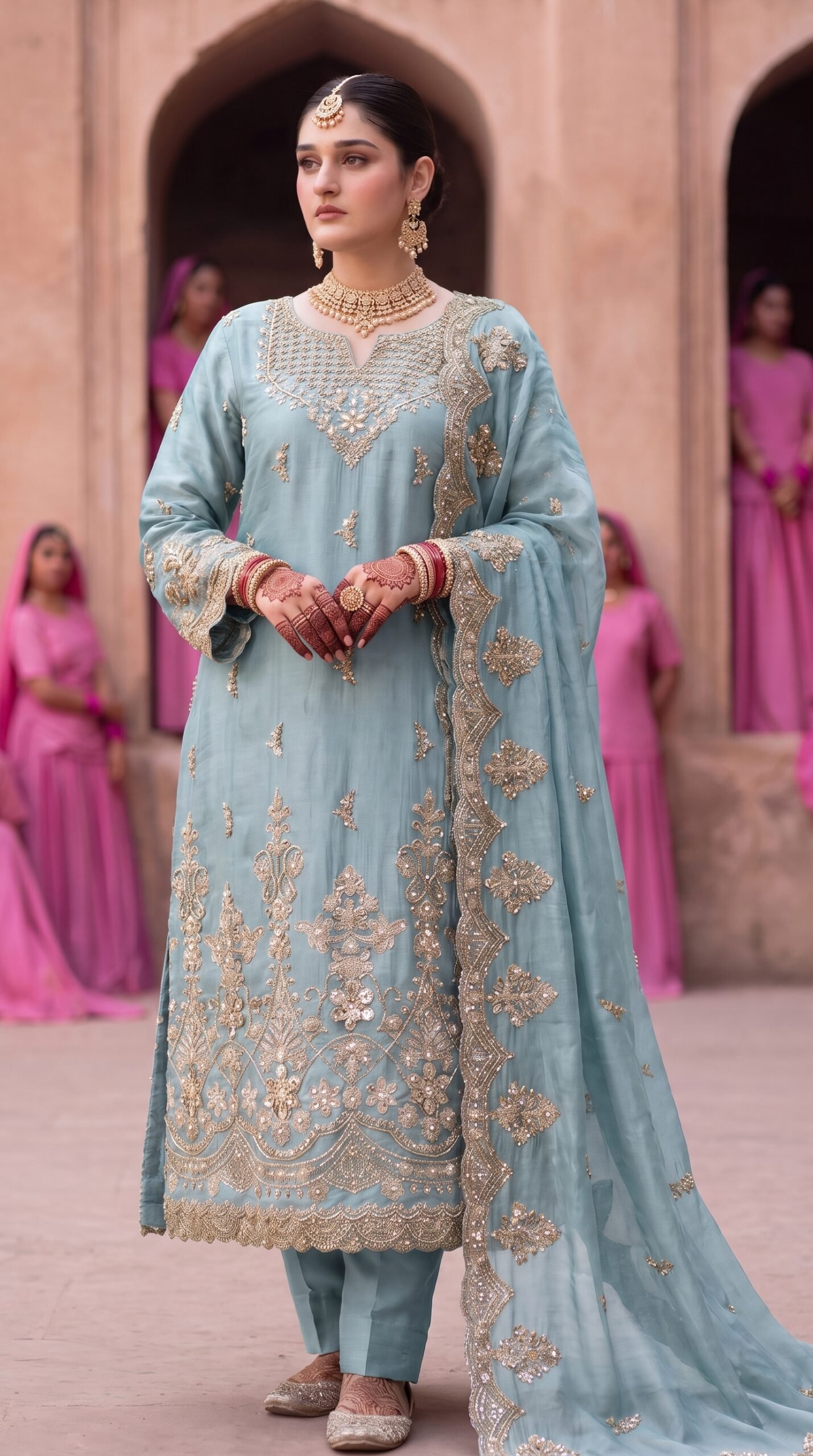 FB-314 | Powder Blue | 3 Pcs Luxury Shesha Silk Embroidered Suit