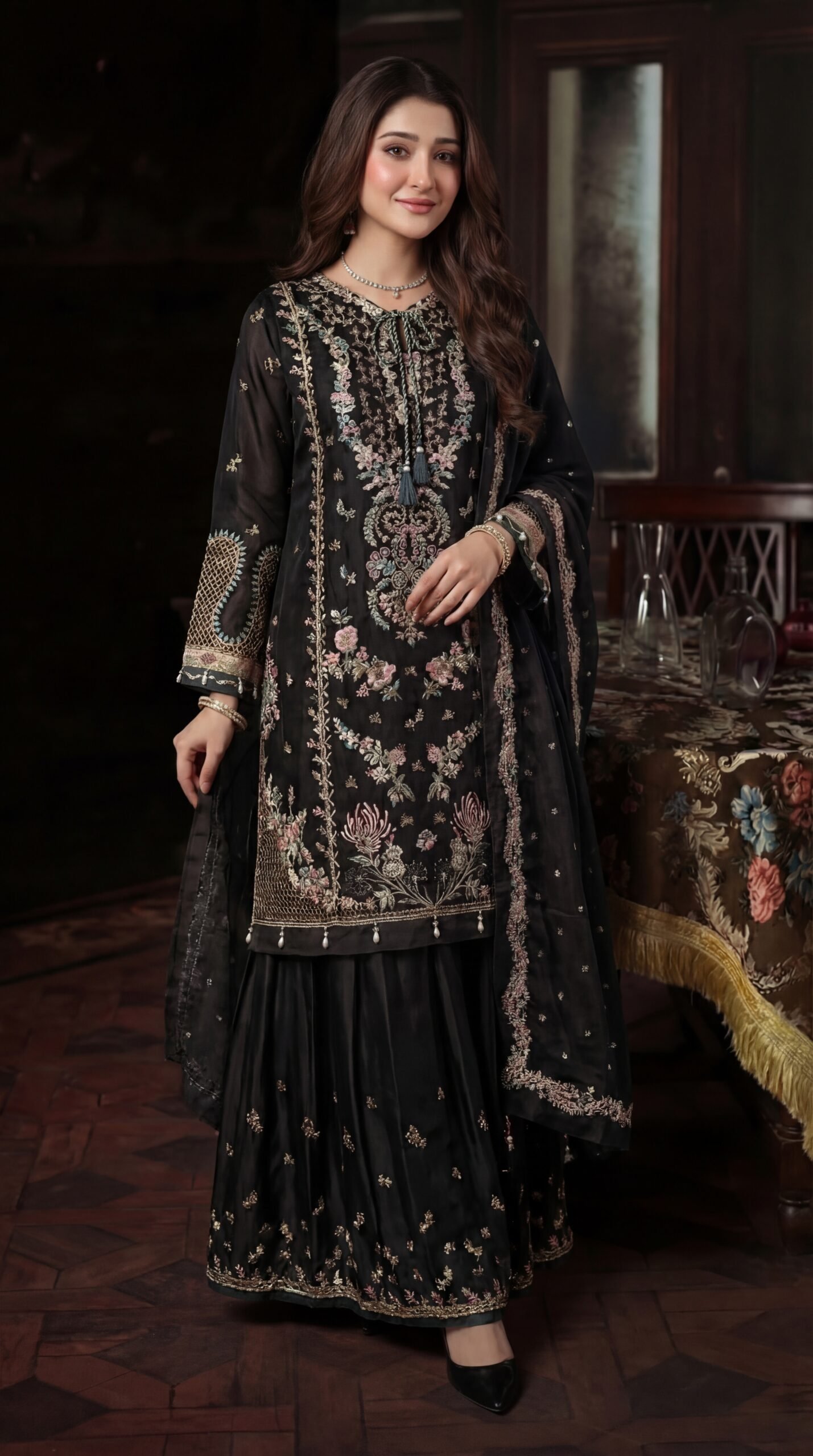 FB-253 | Elegant Black | 3 Pcs Unstitch With Dyed Trouser