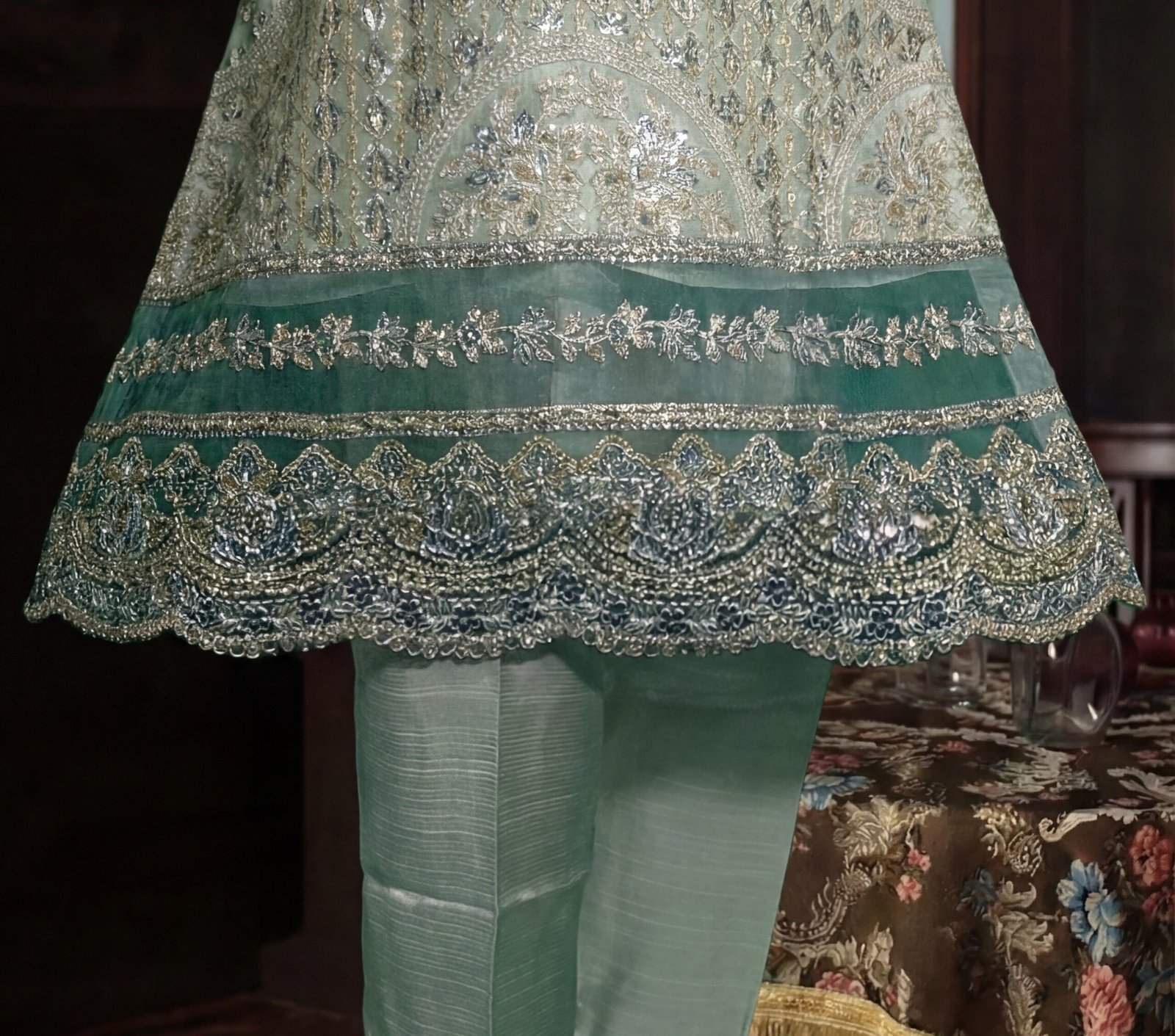 FB-255 | Pista Green | 3 Pcs Unstitch With Dyed Trouser - Image 3