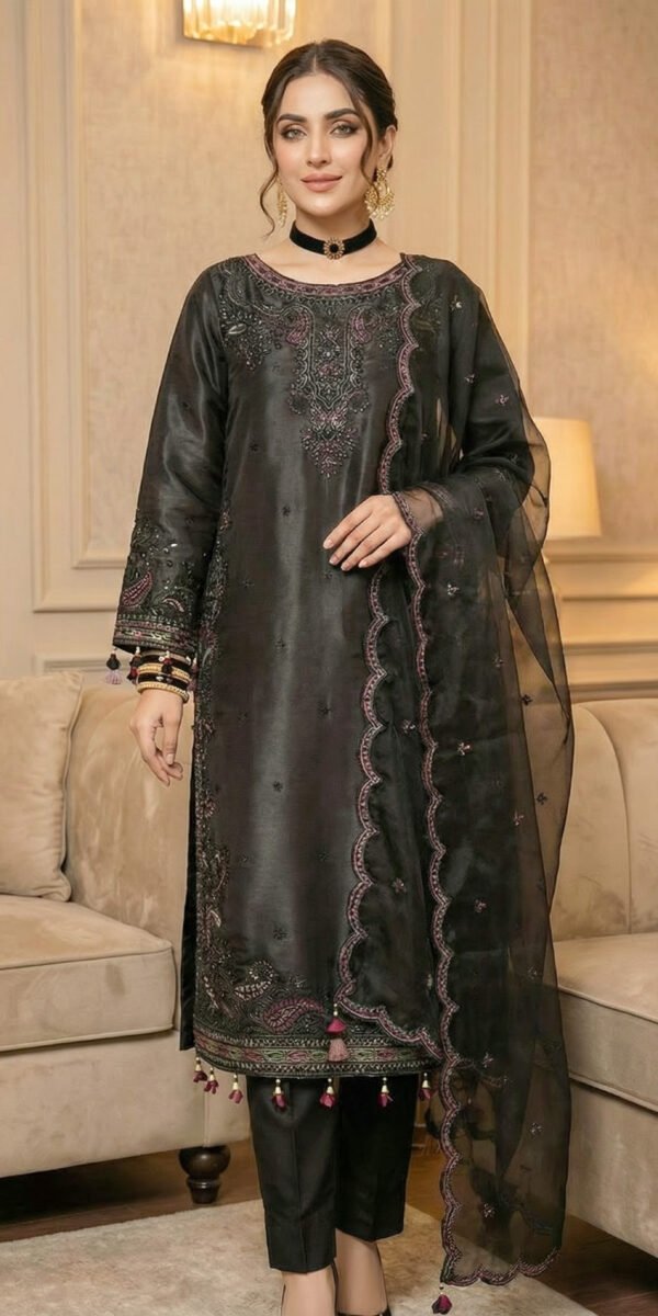 FB-267 | Black | 3 Pcs  Silk Embroidered Suit