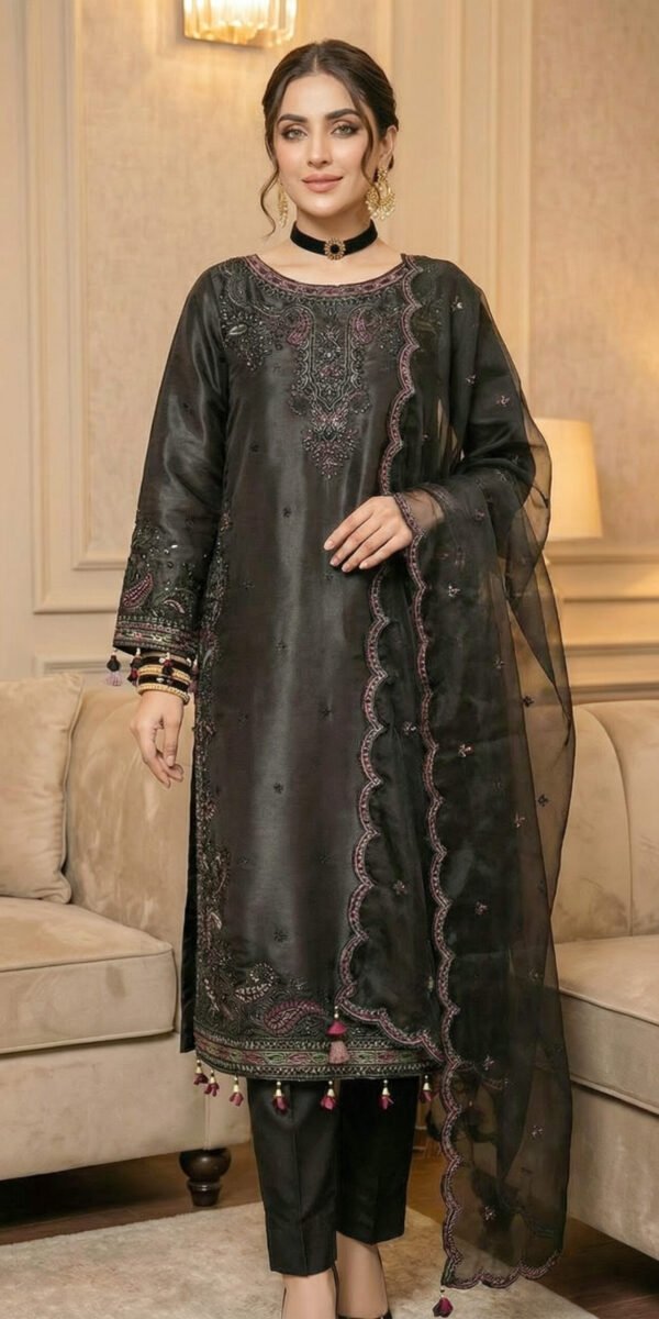 FB-267 | Black | 3 Pcs  Silk Embroidered Suit