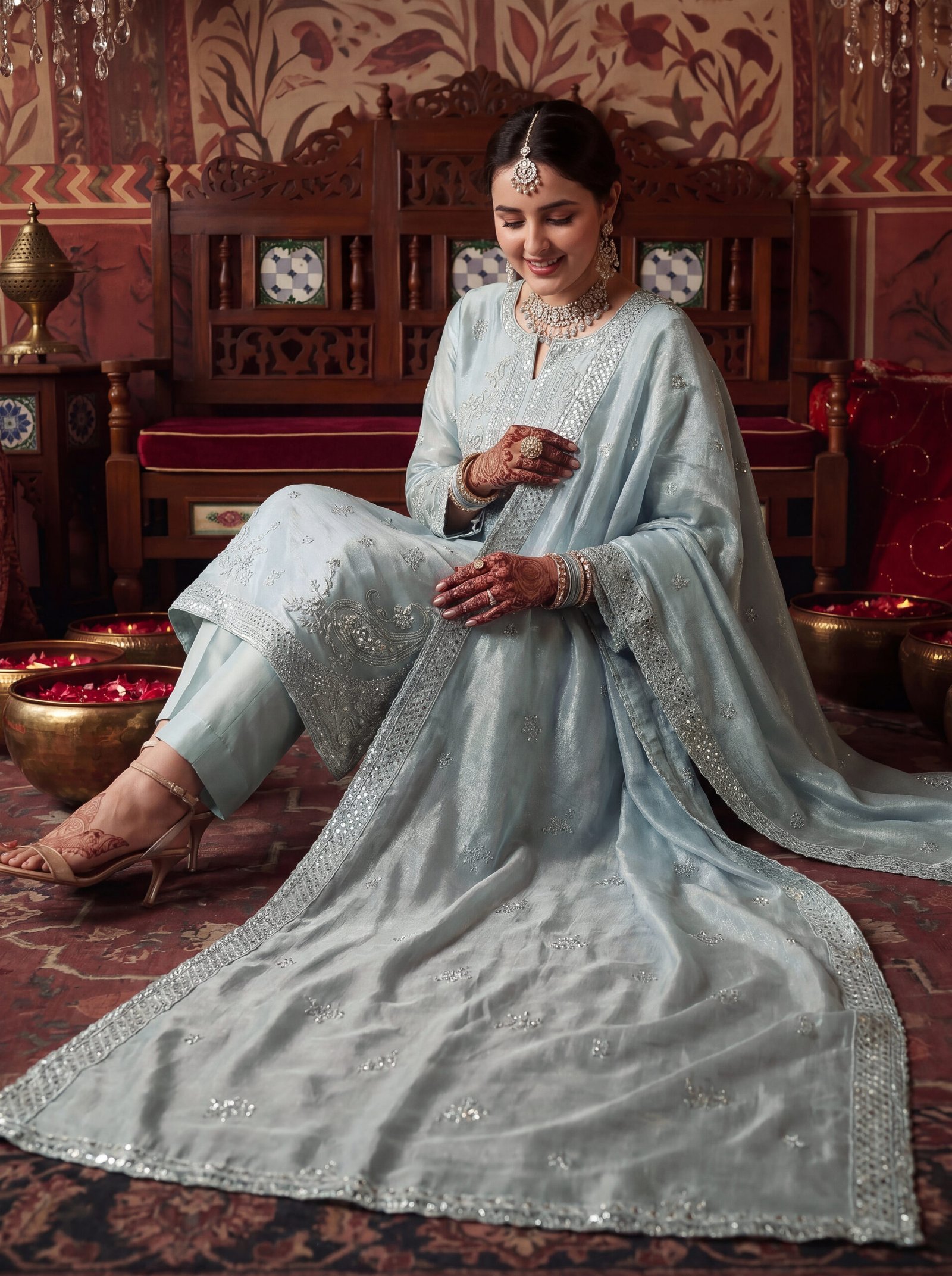 FB-321 | Powder Blue | 3 Pcs Luxury Crincle Silk Embroidered Suit - Image 3