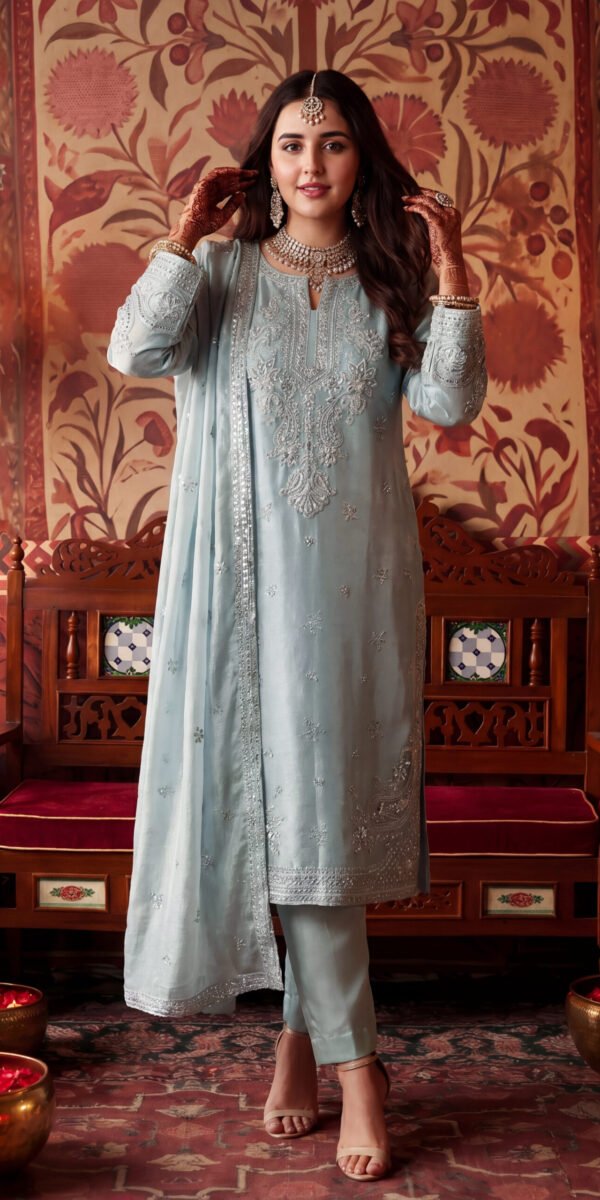 FB-321 | Powder Blue | 3 Pcs Luxury Crincle Silk Embroidered Suit