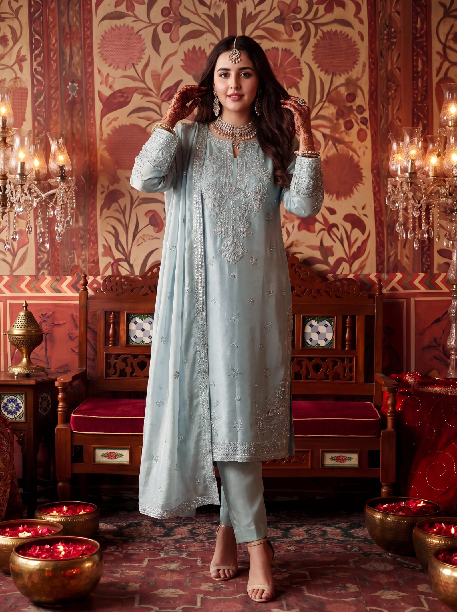 FB-321 | Powder Blue | 3 Pcs Luxury Crincle Silk Embroidered Suit