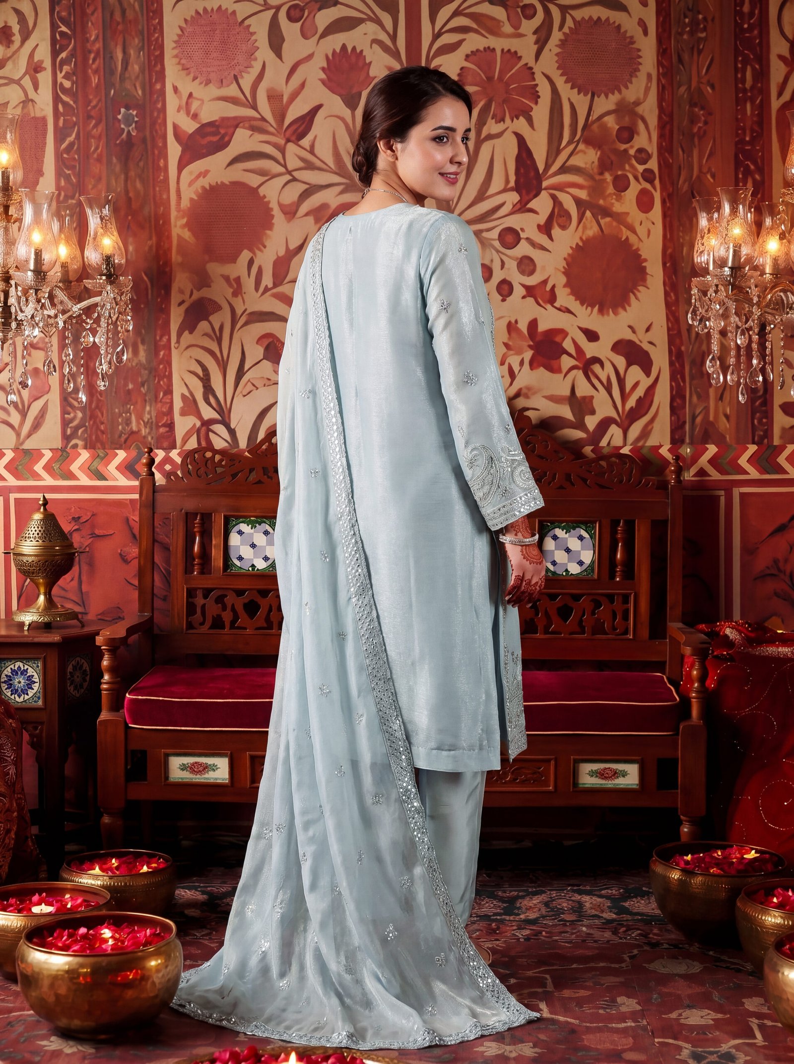 FB-321 | Powder Blue | 3 Pcs Luxury Crincle Silk Embroidered Suit - Image 2