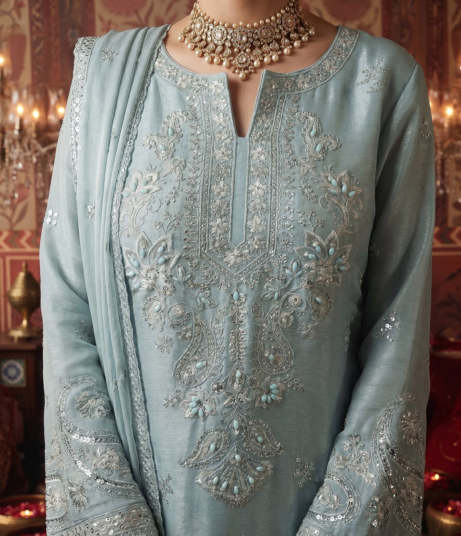 FB-321 | Powder Blue | 3 Pcs Luxury Crincle Silk Embroidered Suit - Image 5
