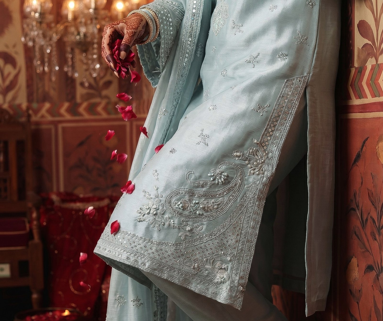 FB-321 | Powder Blue | 3 Pcs Luxury Crincle Silk Embroidered Suit - Image 4