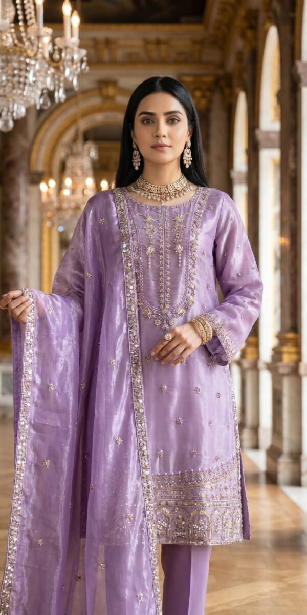 FB-287 | Lavender Lilac | 3 Pcs Luxury Shesha Silk Embroidered Suit