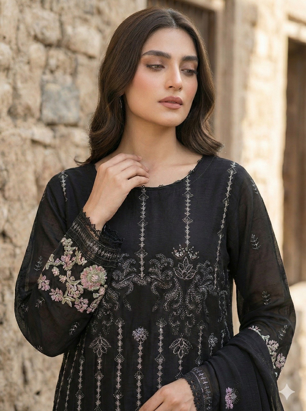 FB-225 | Black | 3 Pcs 3 Pcs Semi-Stitch Chiffon - Image 2