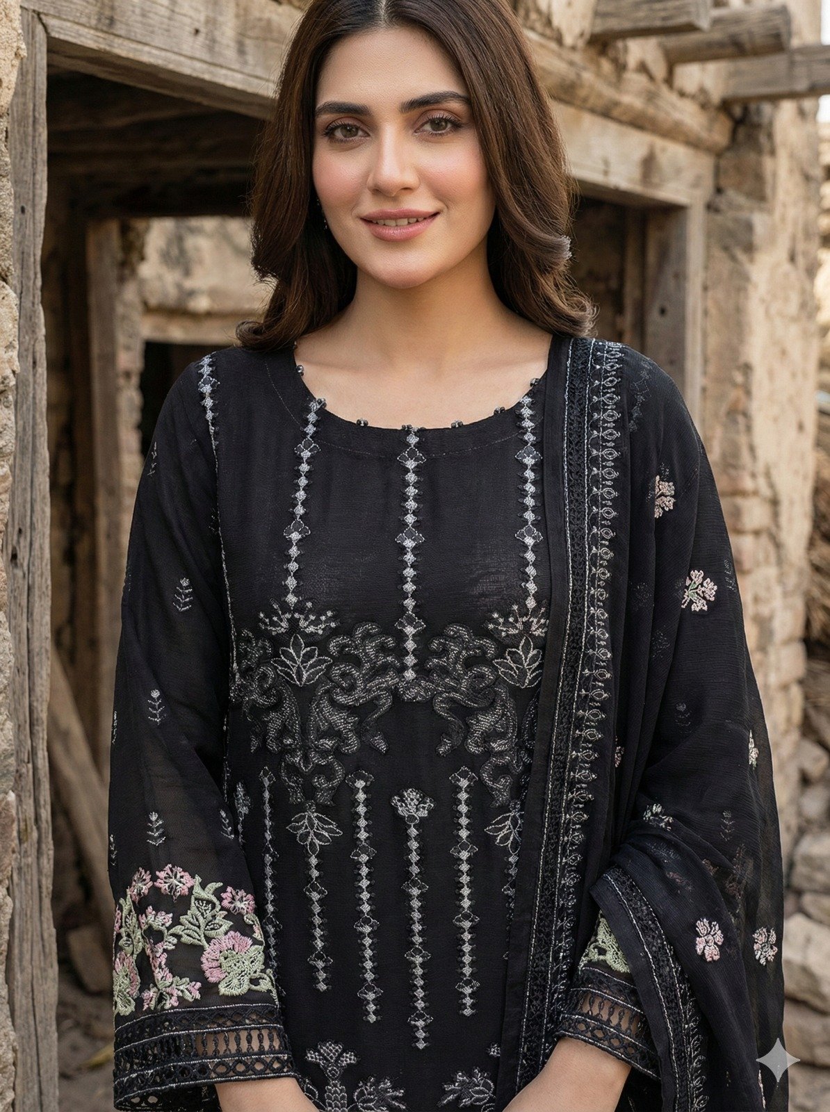 FB-225 | Black | 3 Pcs 3 Pcs Semi-Stitch Chiffon - Image 3