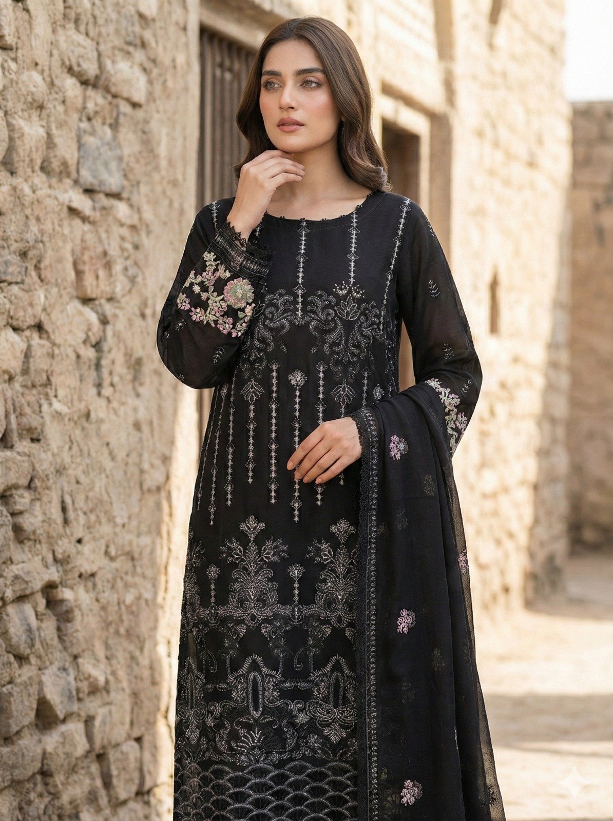 FB-225 | Black | 3 Pcs 3 Pcs Semi-Stitch Chiffon - Image 4