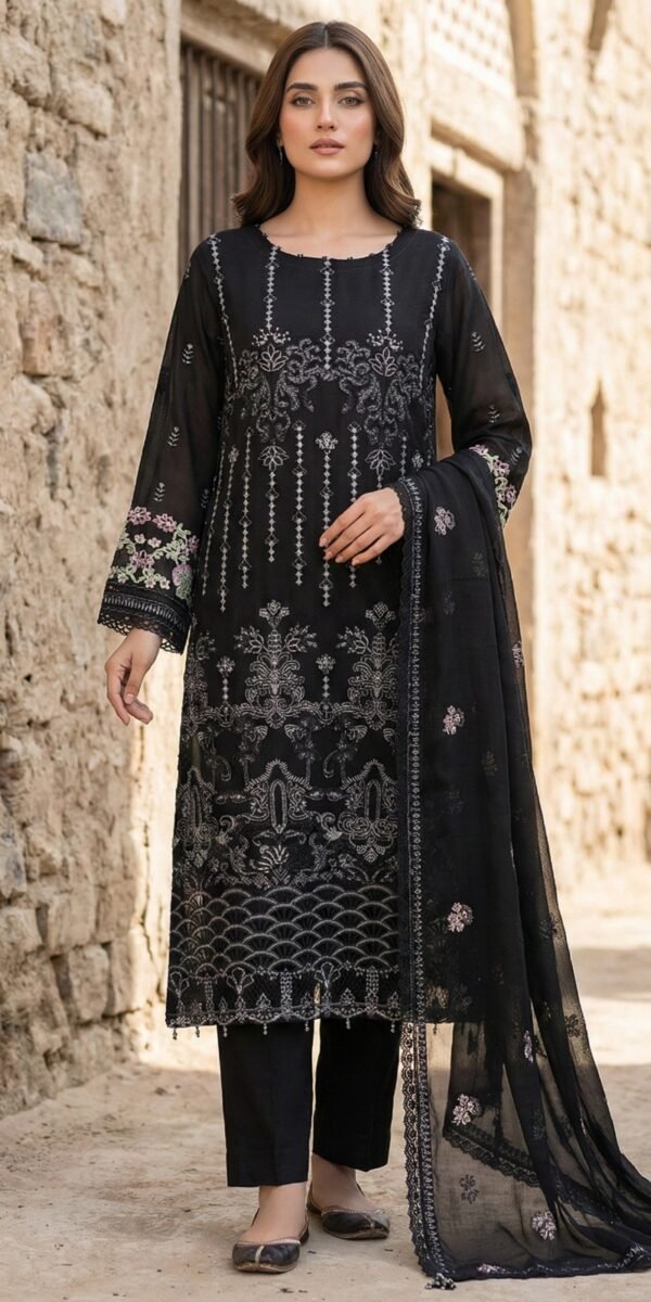 FB-225 | Black | 3 Pcs 3 Pcs Semi-Stitch Chiffon