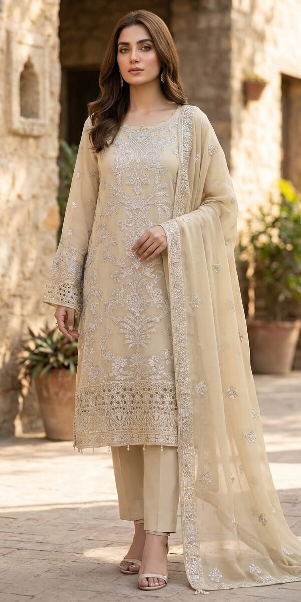 FB-222 | Beige | 3 Pcs 3 Pcs Semi-Stitch Chiffon
