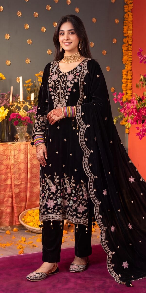 FB-396 | Black | 3 Pcs Unstitch With Khussa