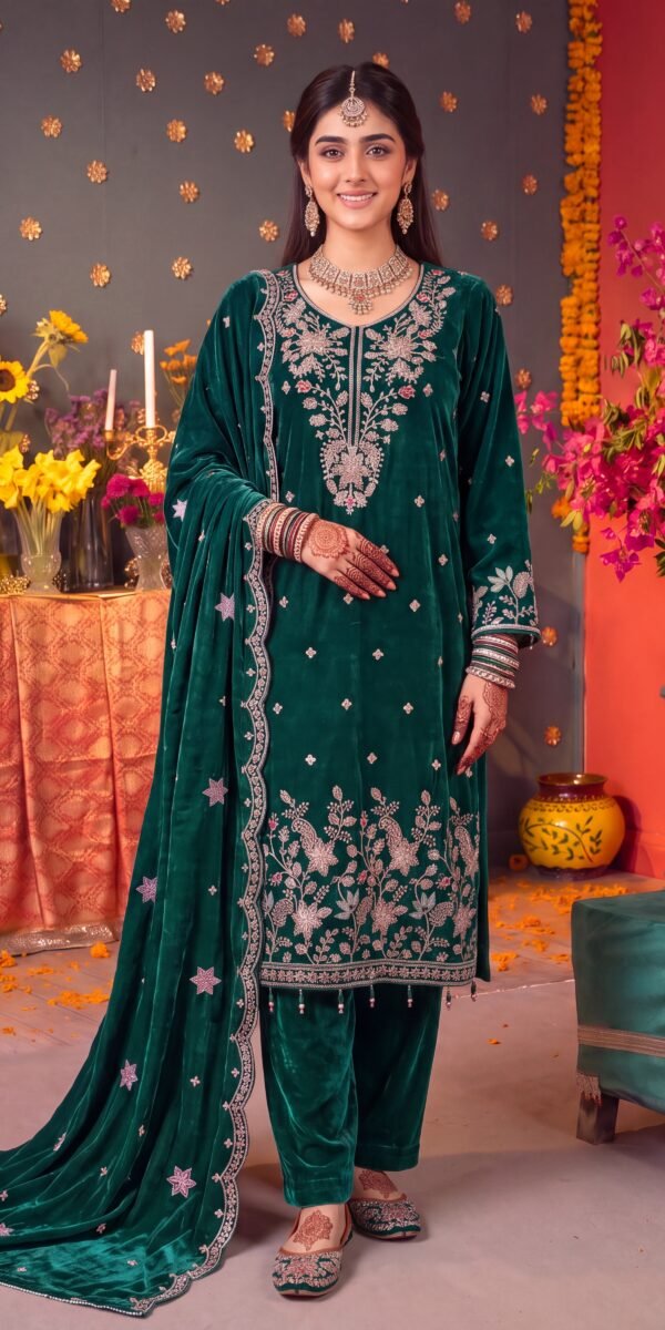FB-401 | Emerald Pine | 3 Pcs Unstitch With Khussa