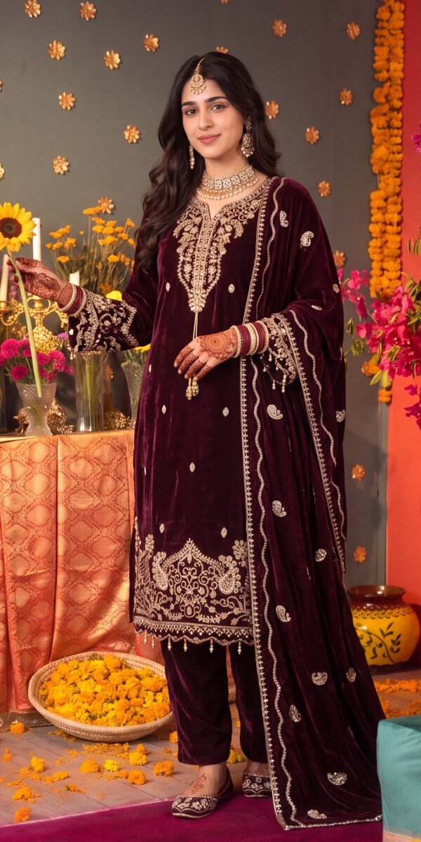 FB-398 | Mehroon | 3 Pcs Unstitch With Khussa